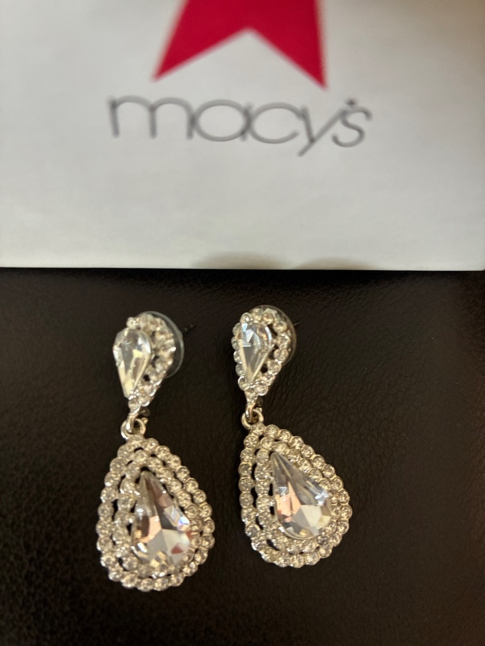 Macy's Silver Teardrop Crystal Dangle Earrings - Clear